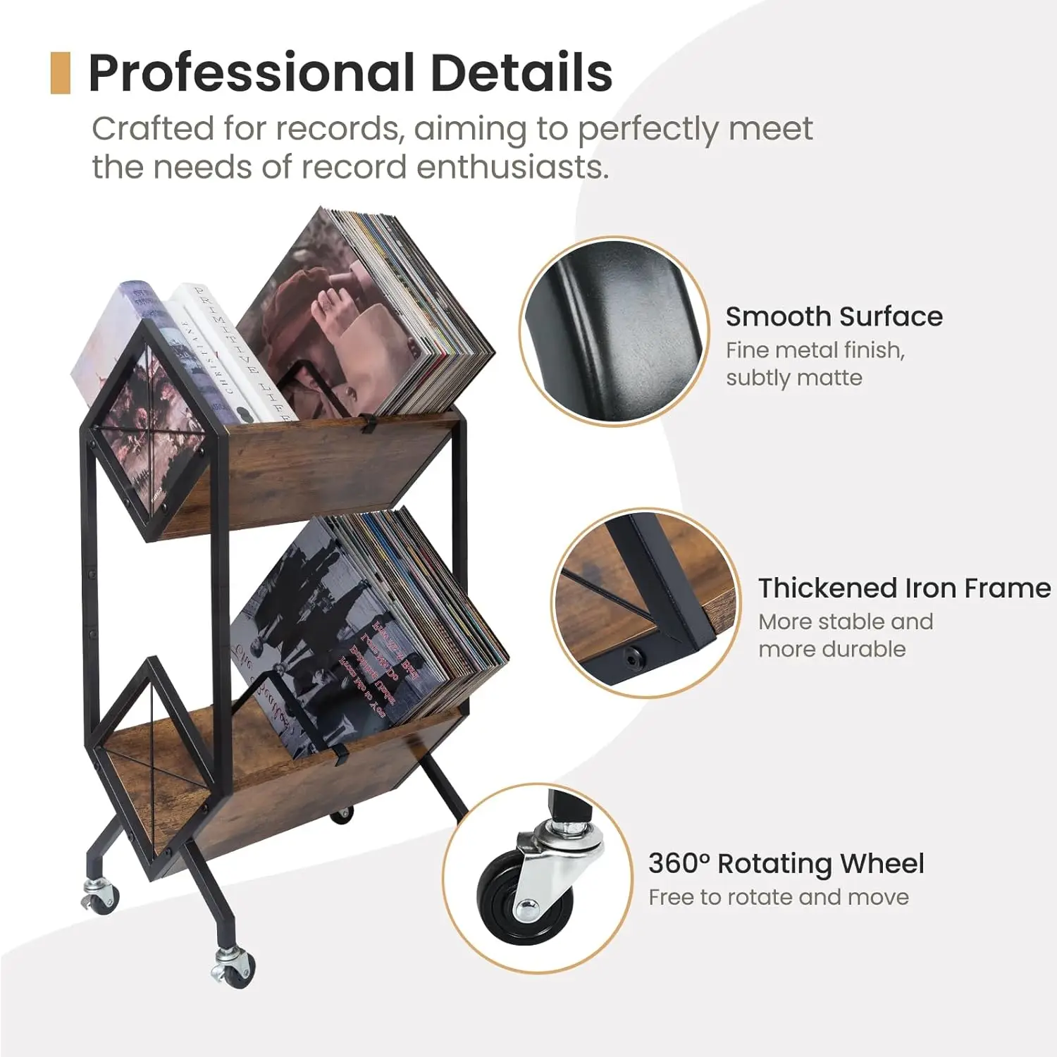 2-Tier Rolling Vinyl Record Storage Rack with Wheels, Holds 160-200 LPs, Retro Style Easy Assembly