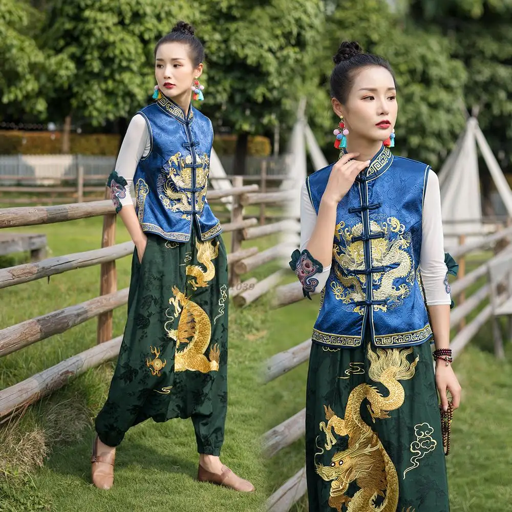 

2024 chinese national vest jacquard lady vintage dragon embroidery satin vest oriental traditional tang suit elegant waistcoat