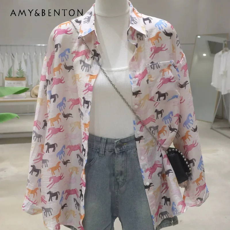 

Lightweight Retro Full Cartoon Print Shirt Women's Long Sleeves Sun Protection Blouse Loose Slim Casual Versatile Daily Wear Top