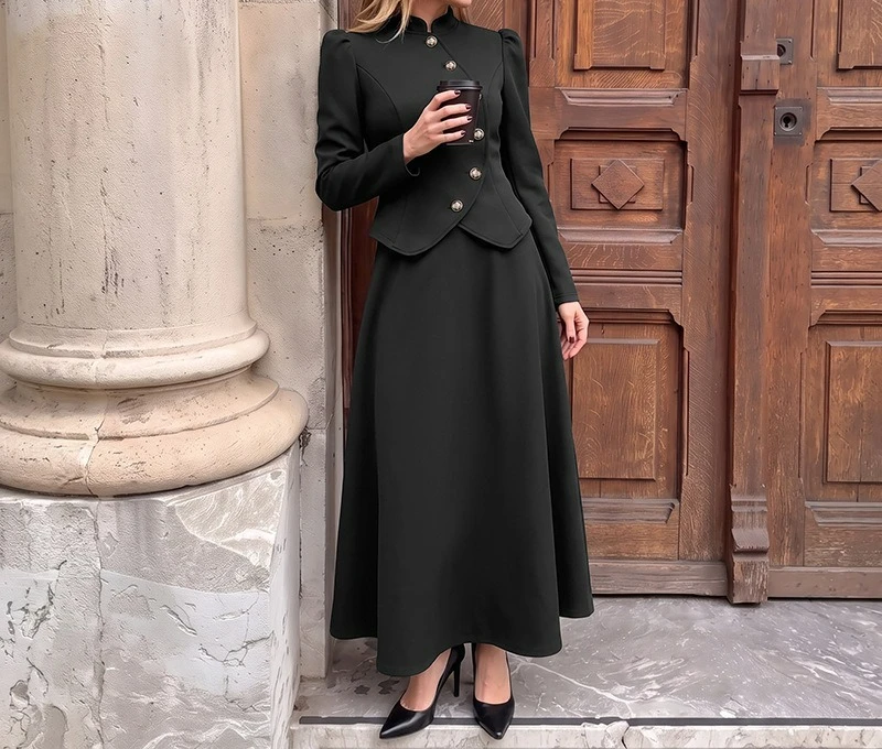 2026 Autumn and Winter New Simple Commuter Style Stand-up Collar Solid Color Split Skirt Set