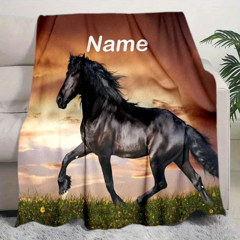 

Personalized 3D galloping pattern blanket with customized name, soft and warm flannel bed blanket, suitable for beds, sofas