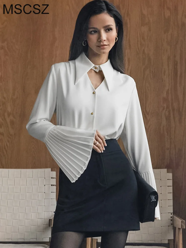 MSCSZ White Long Sleeve Shirts For Women Pleated Flare Sleeve Button Up Dress Shirt Elegant Stylish Cut Out Blouse Top