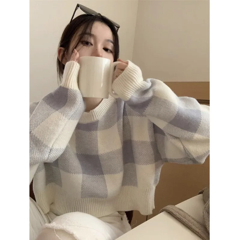 90s Aesthetics Casual Contrast Color Plaid Women Sweaters O Neck Long Sleeve Pullovers Sweet Chic Fashion Loose Jumpers