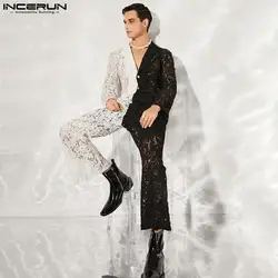 2024 Fashion Men Sets Lace Patchwork Long Sleeve Backless Lace Up Shirt & Pants 2PCS Transparent Streetwear Men Suits INCERUN