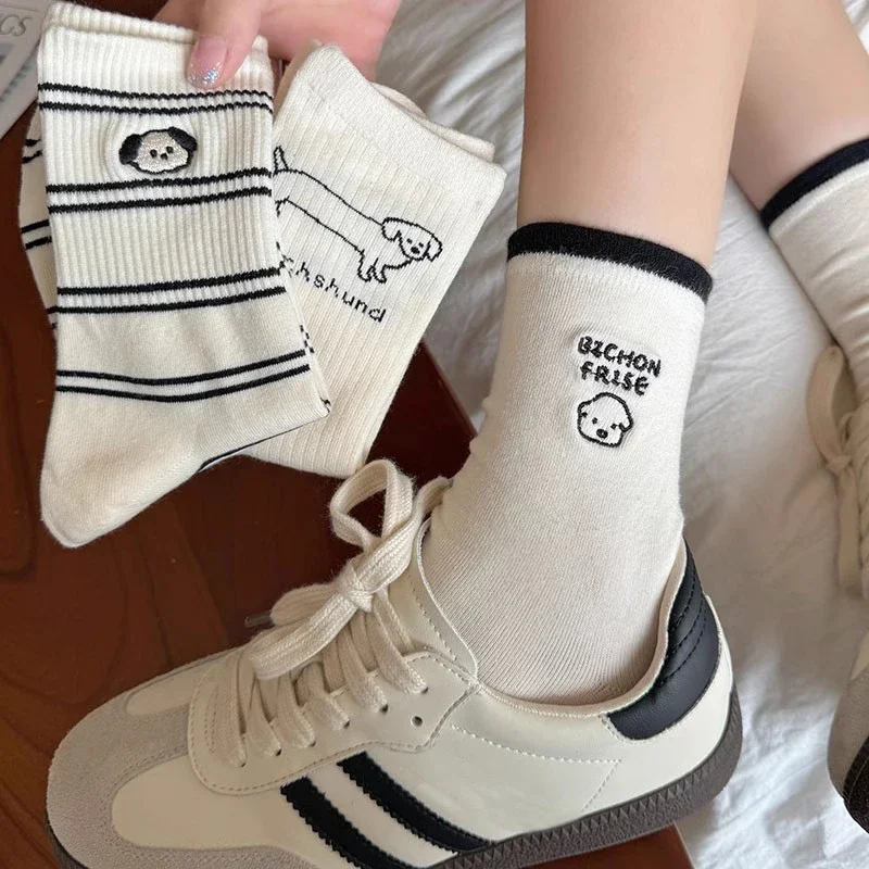 Cartoon Embroidery Cute Socks Women Casual Harajuku Streetwear Funny Dog Socks Japanese Fashion Girls Lolita Kawaii Socks Sox