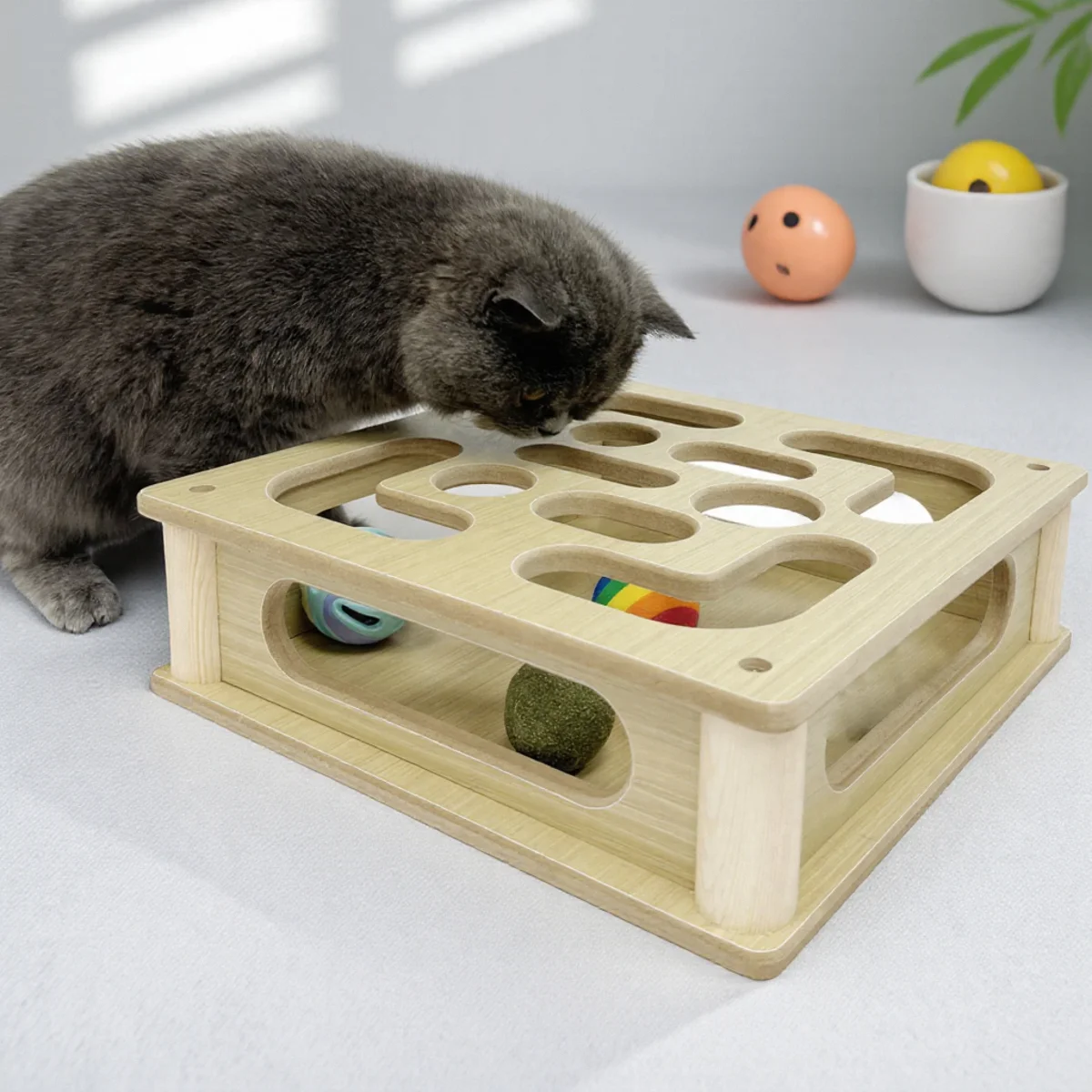 

Cat Toy Box with Hollow Ball Toys Abrasion Resistant Scratch Plate Peppermint Balls and Bell Balls for Interactive Play for Cats