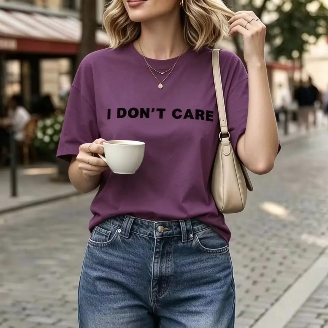 Women Purple Crew Neck Short Sleeve T Shirt I Dont Care Print Graphic Loose Oversized Casual Comfy Streetwear Trendy Summer Chic