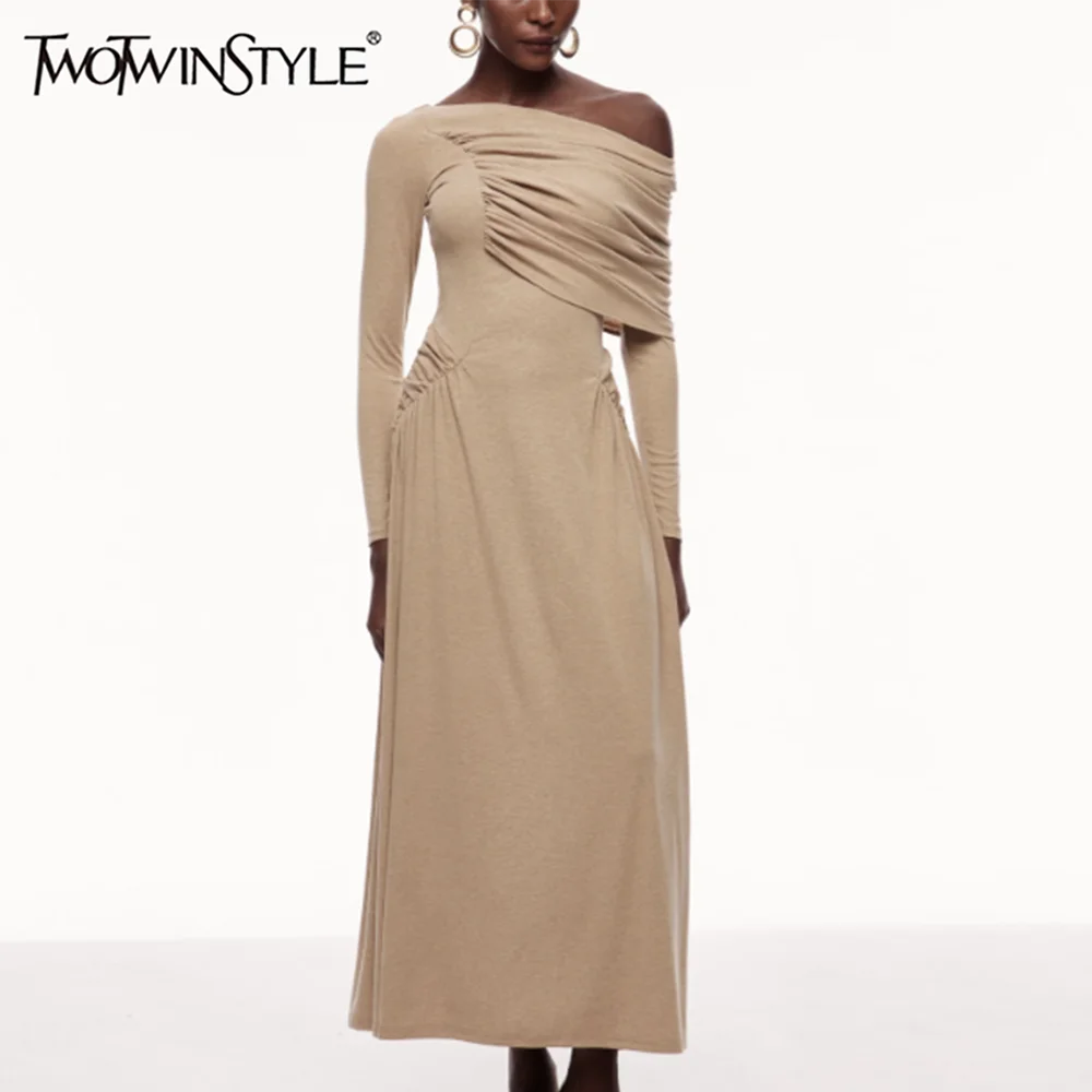 فساتين TWOTWINSTYLE للتخسيس مقسمة غير منتظمة للنساء بياقة قطرية وأكمام طويلة فستان بسيط ملابس نسائية