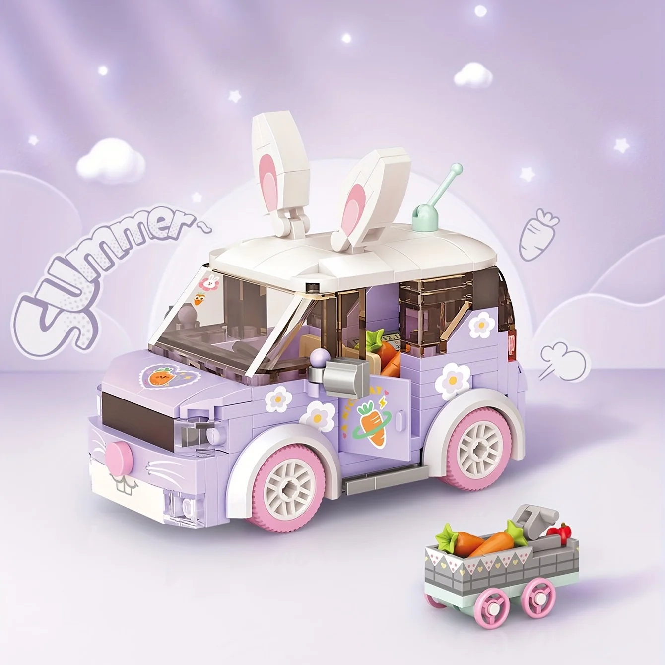 Kawaii Cartoon Purple Rabbit Car Mini Building Blocks, Desktop Decoration, Birthday Gift