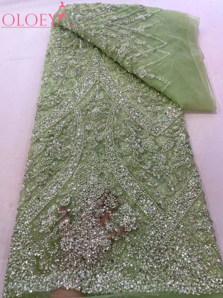 OLOEY  Luxury High-end Beaded Fabric Tulle Sequins Embroidery Fabric Fashion French Tulle Mesh Lace Fabric for Wedding