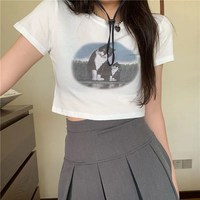 Women Casual Slim T-shirt Women O Neck Y2k tops Summer Clothes Cute retro cat print Korean Short T-shirt Fashion Clothing 2022