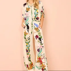 2024 New Satin Print Short Sleeve Shirt and Long Pants Two-Piece Set, Comfortable and Casual, Elegant Style, Five-Point Sleeves