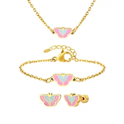 Set Chic Butterfly Bracelet Necklace for Baby, Cute Rolo Chain Necklaces Bracelets, Stainless Steel Gold Color Jewelry Gifts