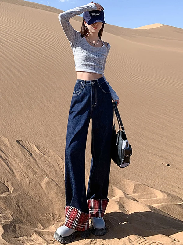 

plus Size Plaid Wide Leg Jeans Women Loose Slimming Straight Leg Trousers High Waist Denim Pants Pear Shape Body Casual Wear