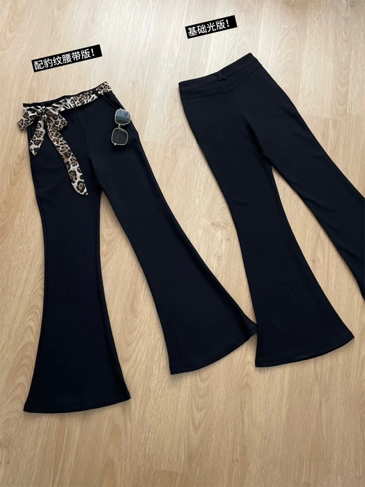 Women French Vintage Bell Bottoms 2000s Aesthetic Flare Pants With Belt Baggy Pantalones Old Money Low Rise Long Trousers Chic