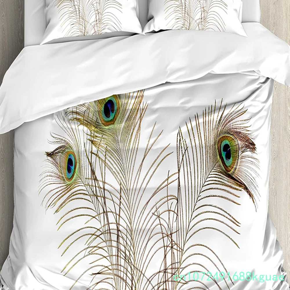 Peacock Bedding Set Comforter Duvet Cover Pillow Shams Peacock Feathers Closeup Simple Picture Mini Bedding Cover Double Bed Set