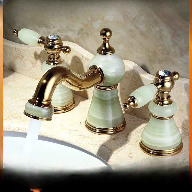 

European three-hole copper and jade basin faucet Antique natural marble hot and cold faucet can rotate water