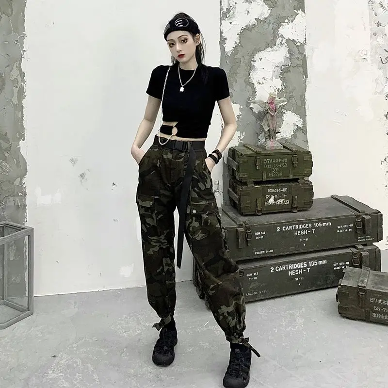 

Camouflage Pants Harajuku High Waist Slim Belt Cargo Pants Casual 2023 New Men Women Sportwear Jogger Baggy Sweatpants Trousers