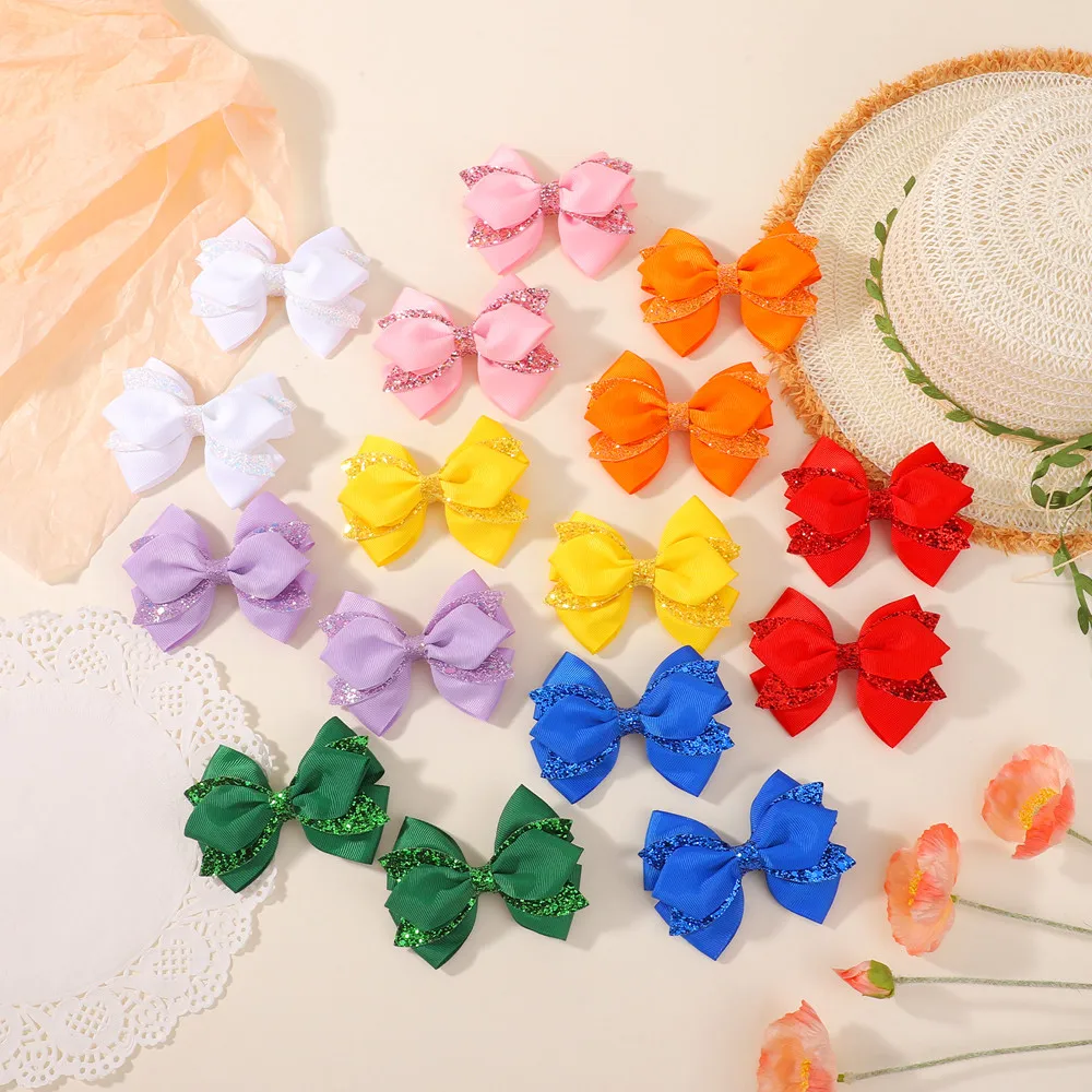 4 Stück bunte Party-Haarspangen mit Schleife und Band für Mädchen, glitzerndes Haar, Pony, Haarklammern, schöne einfarbige Haarspange