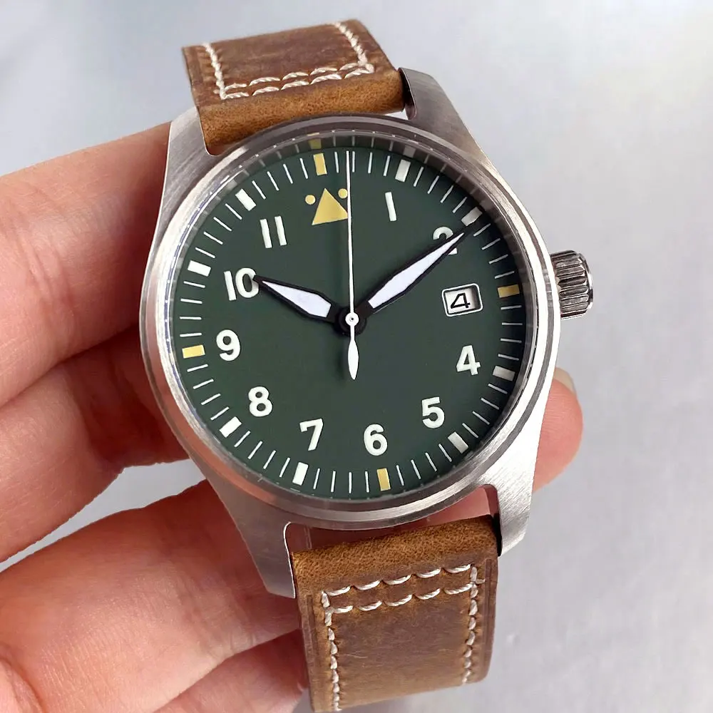 

Tandorio 39mm Pilot Watches for Men 200M Waterproof Luminous Green Dial Brushed Case NH35A Movement Automatic Diving Clock New