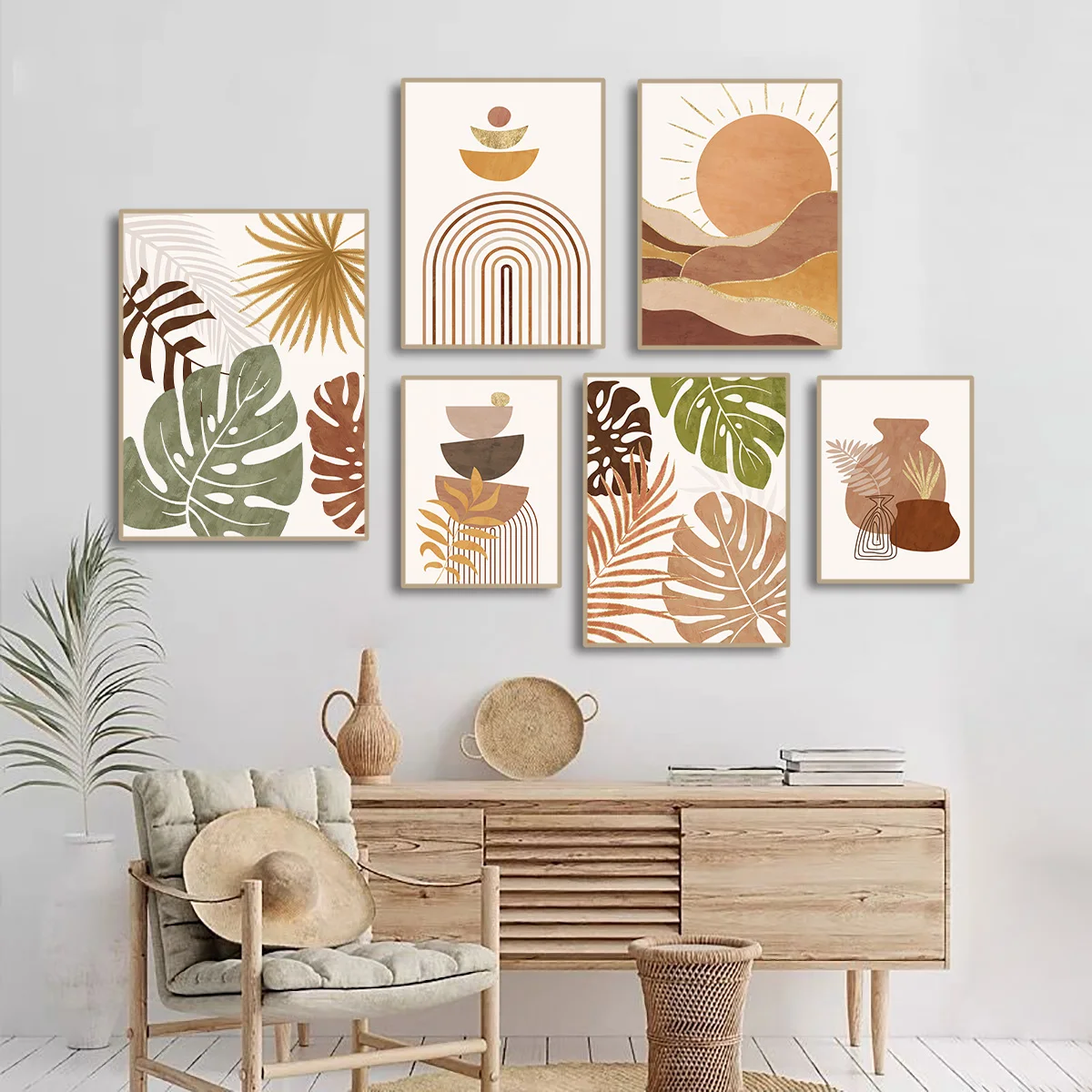Boho Abstract Aesthetic Canvas Painting Geometric Lines Wall Art Leaves Desert Bottles Posters Prints Home ation Mural
