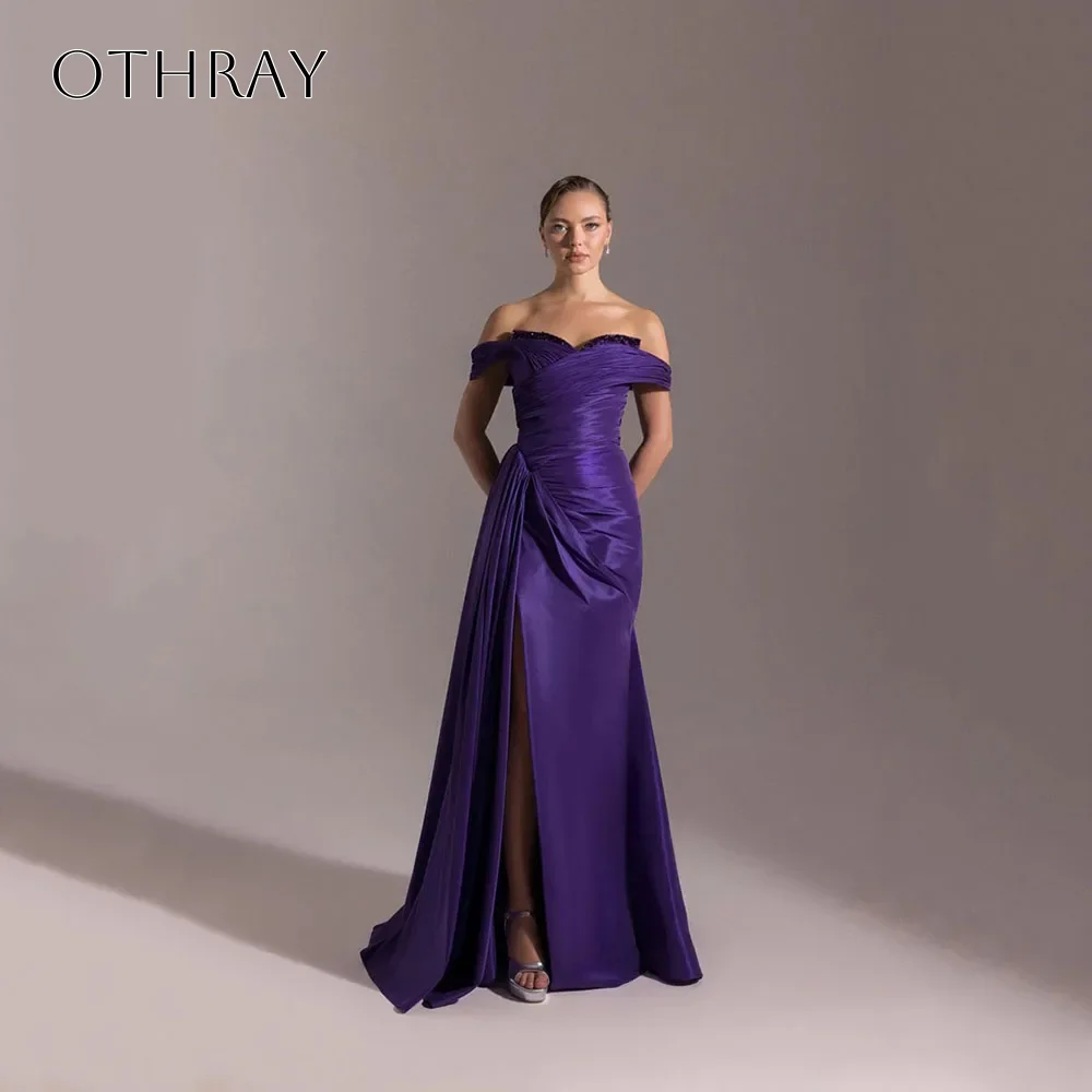 Schulterfreies, perlenbesetztes Satin-Abendkleid, ärmellos, mit Schlitz und Schleppe, individuell anpassbar فساتين حفلة موسيقية