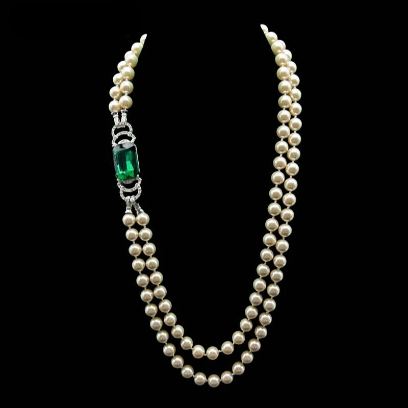 Vintage Palace Style Elegant Champagne Emerald Pearl Necklace Earrings Set