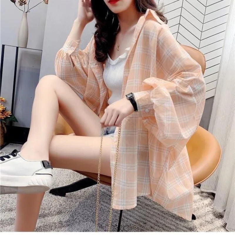 

2024 Summer New Chiffon Plaid Blouses Women's Long Sleeve Korean Loose Midi Asymmetric Thin Single-breasted Casual Shirts Tops