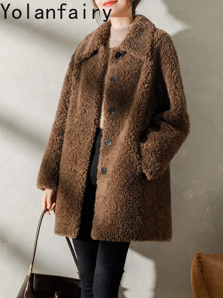 YOLANFAIRY 100% Wool Real Fur Coat Women Upscale Lamb Womens Clothes Shearing Natural Coats Mid-length Simple Winter Jacket