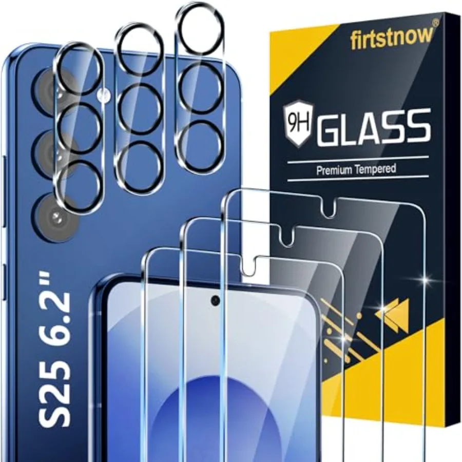 3 Pack for Samsung Galaxy S25 Screen Protector Tempered Glass + 3 Pack Camera Lens Protector, Military Grade Shatterproof, 9H H