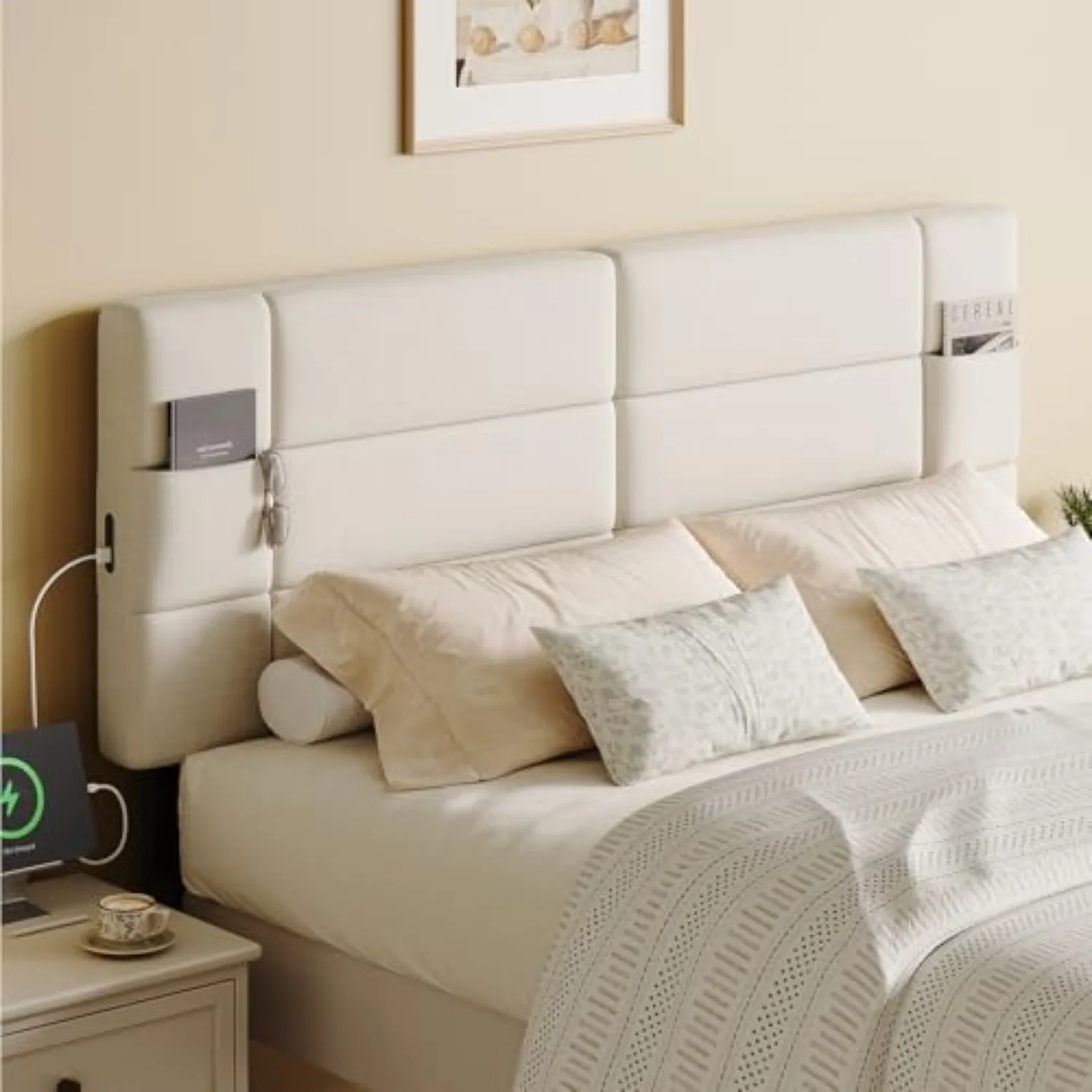 Upholstered Headboard Full/Queen Size, Headboard Only, Off-White | Adjustable Height from 42" to 48", USB & Type C