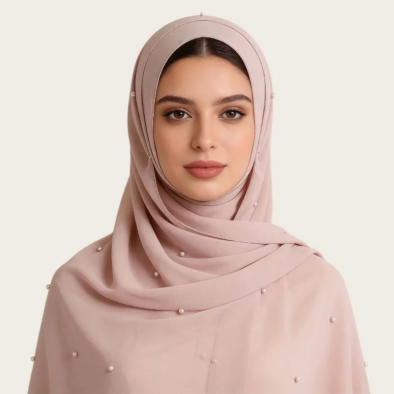 New ethnic style solid color pearl chiffon long scarf fashion ordering pearl decorative headscarf women's plain color headscarf