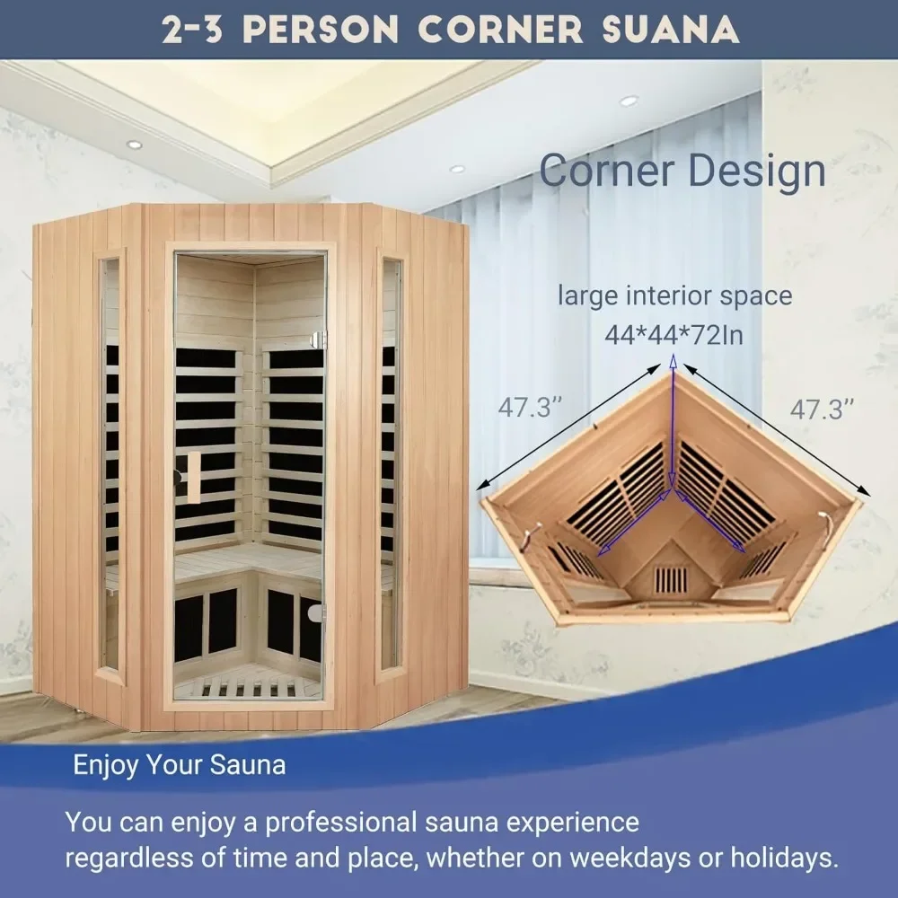 Sauna a infrarossi per 2-3 persone, Sauna a infrarossi lontani per la casa Sauna Spa per interni a basso EMF, Sauna ad angolo in legno Hemlock, 1670 Watt