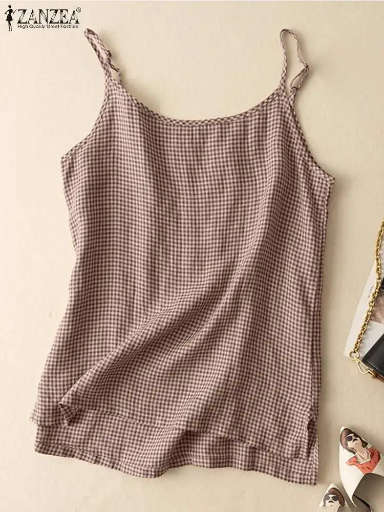 Zanzea Zomer Retro Geruit Geruit Camis Tops Vrouwen Mode Spaghetti Band Strand Tanks Casual Vakantie Blouse Vintage Tees Shirt