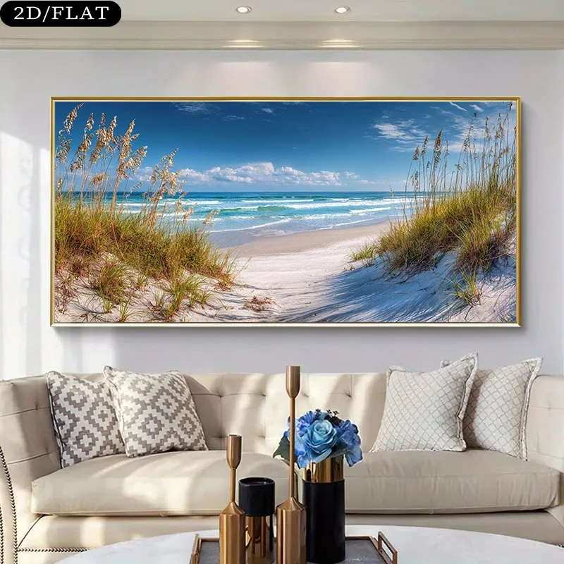 Frameless Canvas Print Beach Scene with Sand Dunes Ocean Waves Posters Modern Landscape Home Decor Wall Art for for Living Room