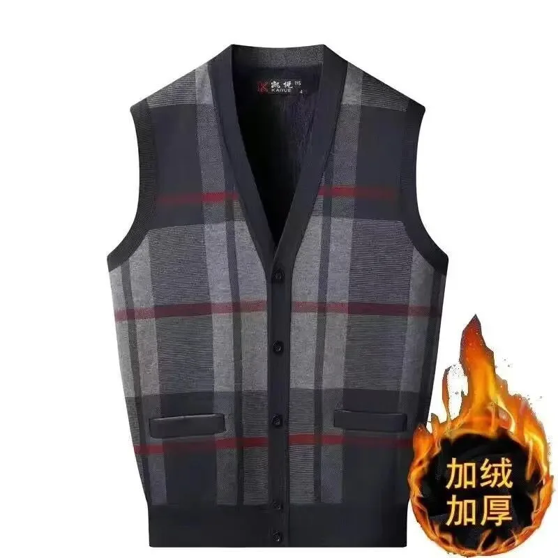 Men's New Middle-aged Elderly Plus Velvet Sweater Cardigan Vest V-neck Large Size Loose Waistcoat Autumn Winter Vest