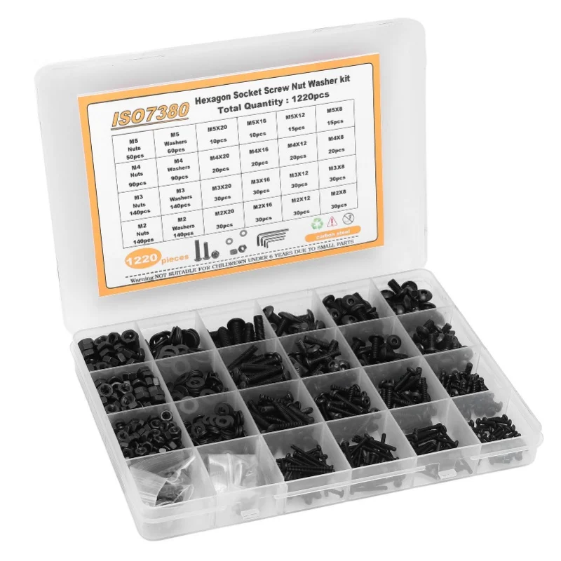1220 Pcs Screw Nut Washer Kit Carbon Steel M2 M3 M4 M5 Half Round Head Hex Socket Screws Nuts Washers Set