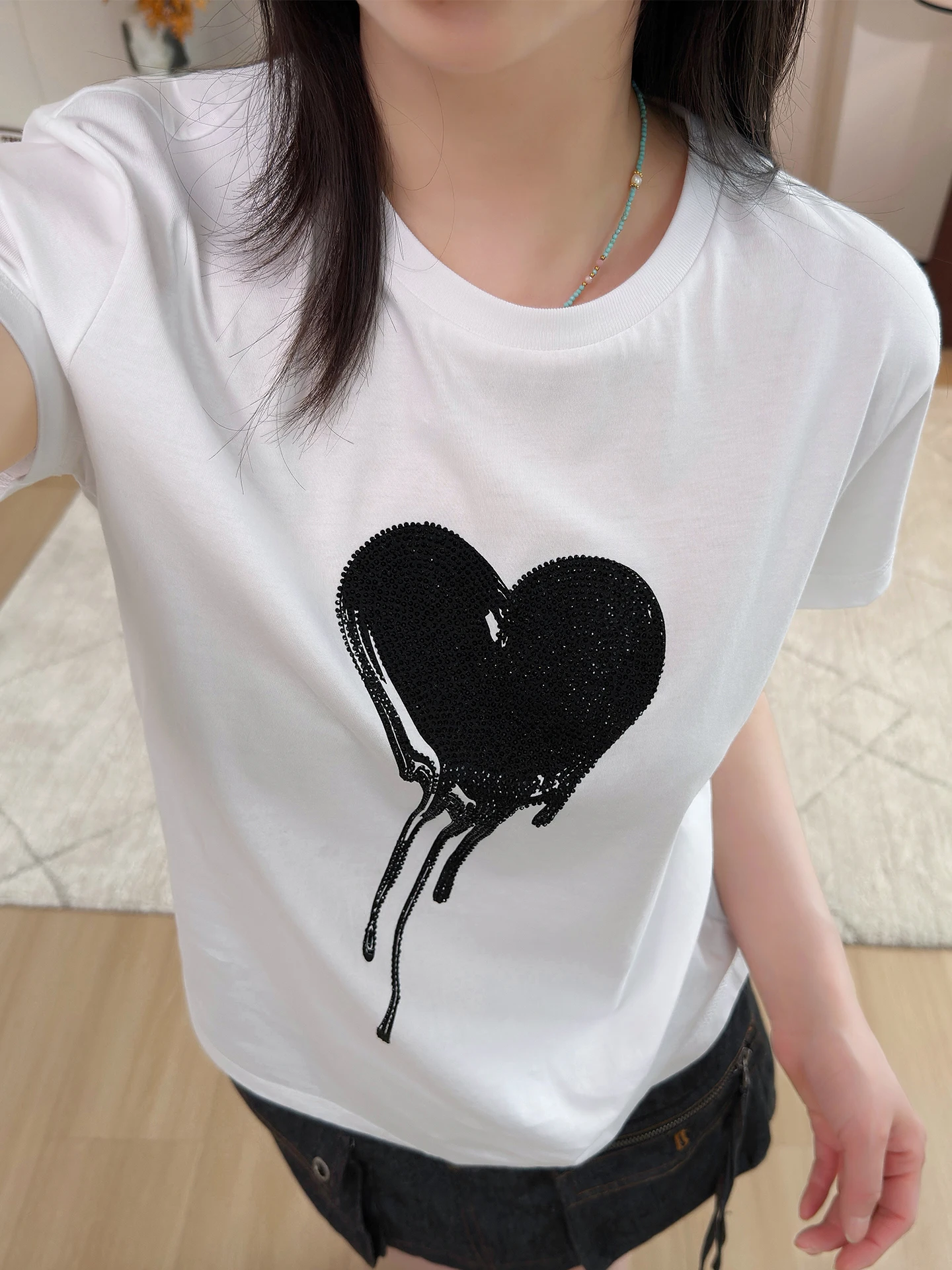 

Женская футболка из 100% хлопка с принтом «Сердце» в стиле индиго, 26 предметов в комплекте, укороченная, приталенная, с коротким рукавом, повседневный стиль