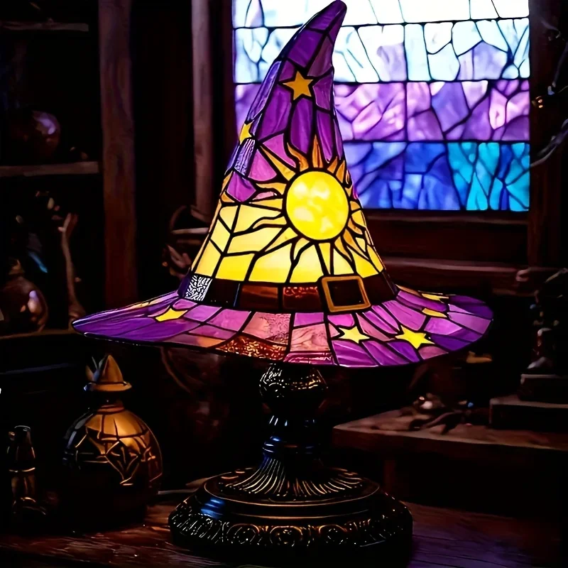 Witch Hat Lamp - Gothic Wizard Hat Light with Purple to Yellow Gradient, USB-Powered Tabletop Decoration for Halloween