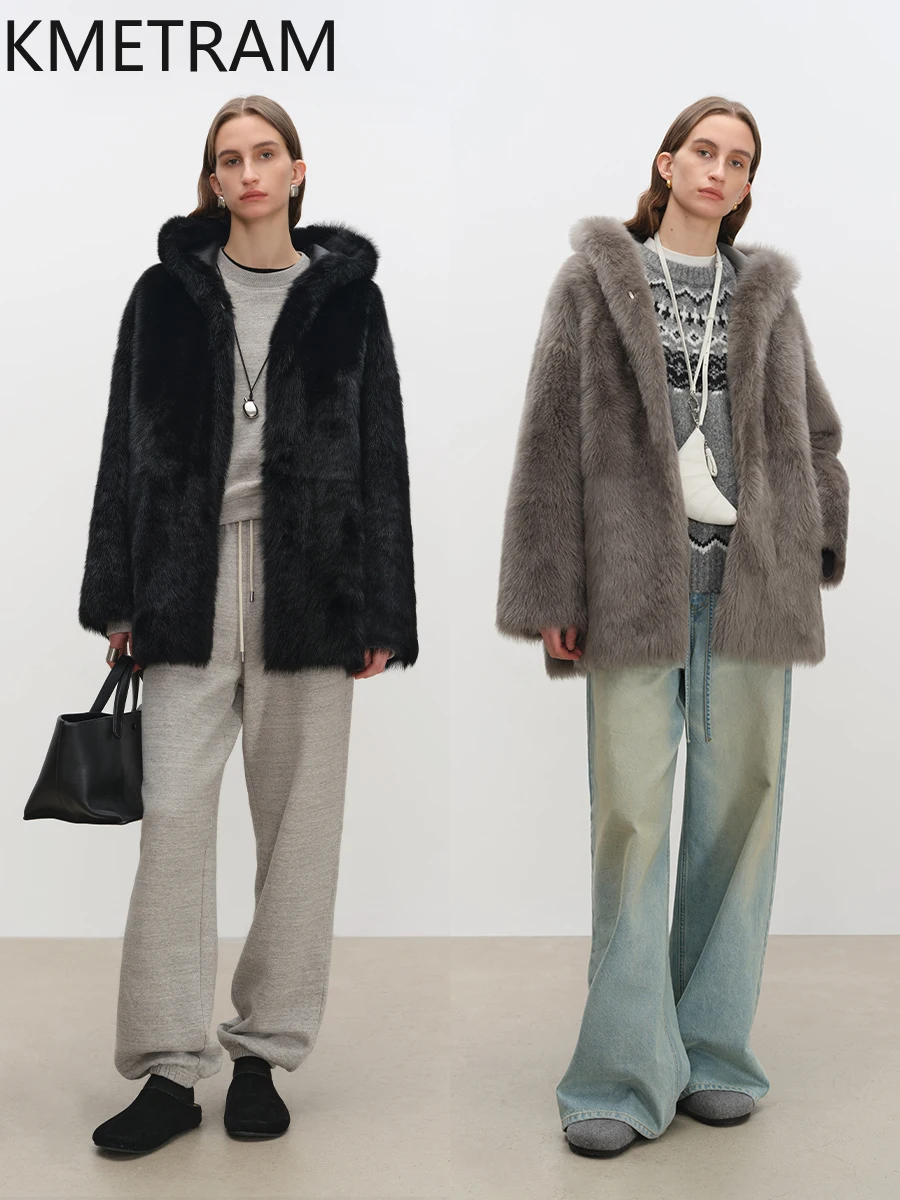 Veste en laine toscane naturelle en peau de mouton Double face pour femme, manteau décontracté en vraie fourrure avec capuche, vêtements d'hiver, Fourrure 2025