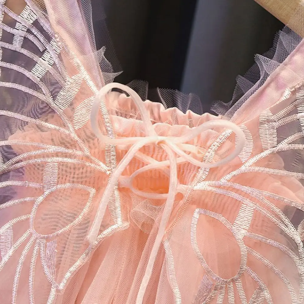 Vestido de princesa com cadarço para meninas, sem mangas, renda, vestido bolha, novo design, casual, asa de borboleta, pettiskirt