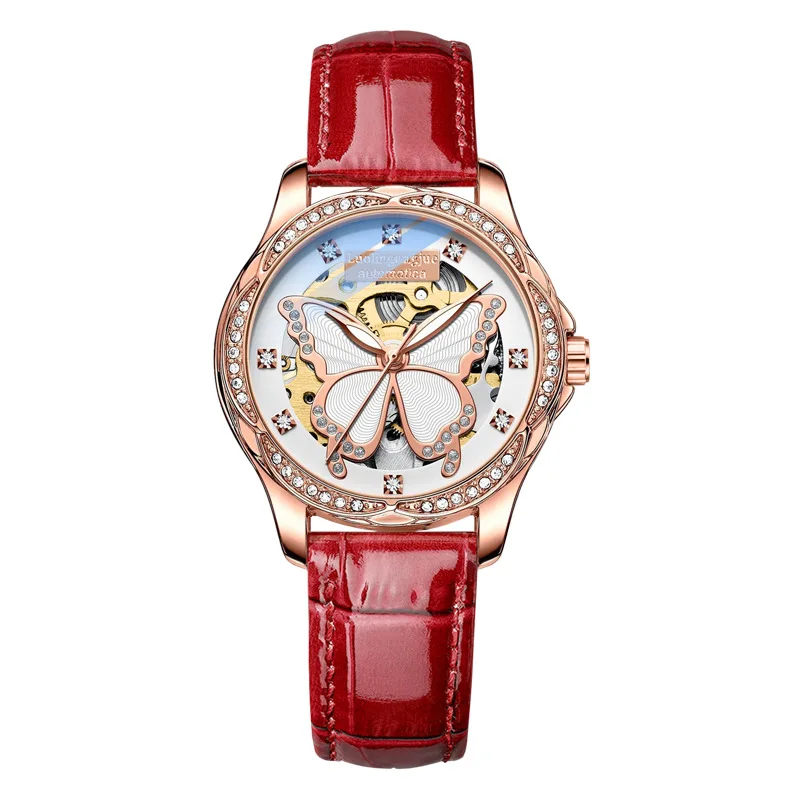 Women's Luxurious Butterfly Dial Automatic Mechanical Watch, Diamond-Encrusted