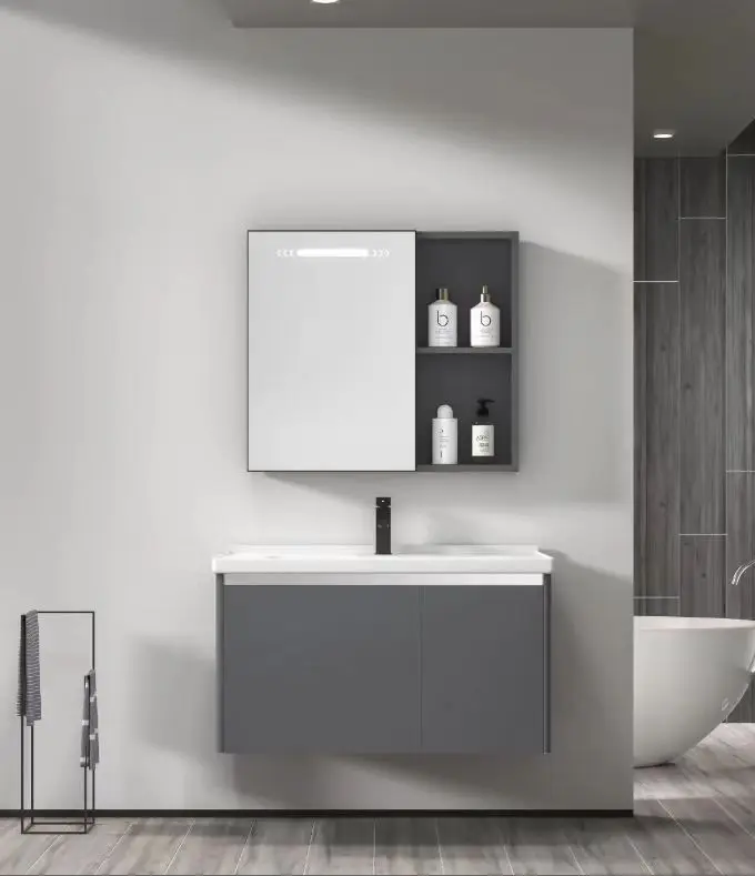 Modern Design PVC Waterproof Wall-Mounted Vanity Bathroom Cabinet LED Touch Illuminate Mirror Stainless Steel Doors 3-Year