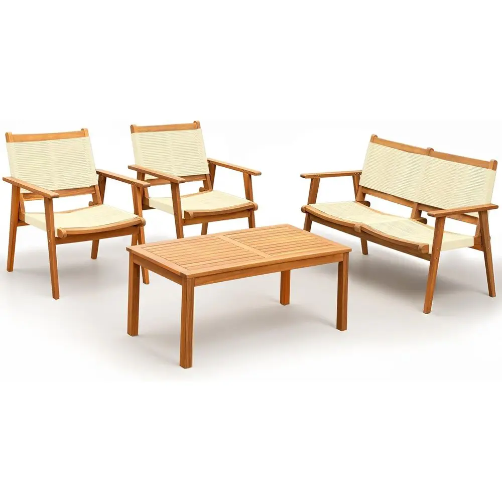 

Комплект садовой мебели из акации с плетеными из веревки стульями и деревянным кофейным столиком, бежевый