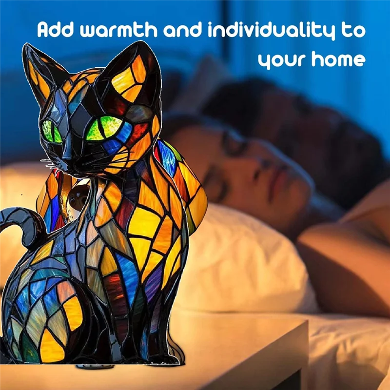 

A95I-CAT Stained Resin Tabletop Night Light For Night Stands, Warm Glow Lamp, Cat Lamp Resin Stained Glass