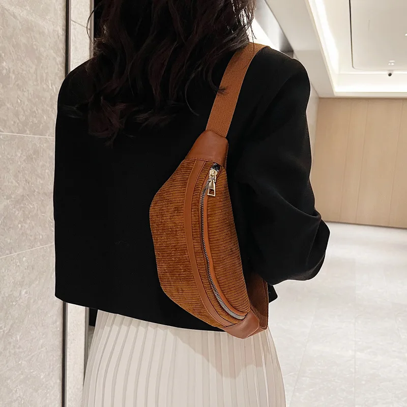 Fashion Corduroy Women Waist Bag Student Ladies Shoulder Crossbody Zipper Chest Bag Phone Banana Female Bags