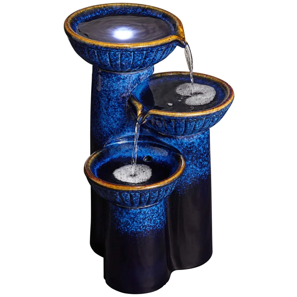 3 Bowl Modern Outdoor Floor Water Fountain, Cascading Bowl Column Garden Fountain with LED Light