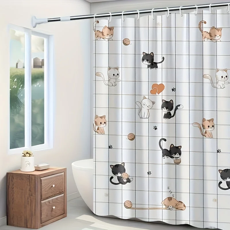 Charming Cat-Themed Waterproof Shower Curtain Set with Hooks - Easy Clean, No Drill Installation for Bathroom Decor