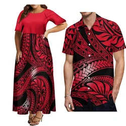 Hot Summer Women'S Short-Sleeved Dress Samoan Maxi Dress Polynesian Tribal Design Printed Men'S Aloha Shirt Couple Set