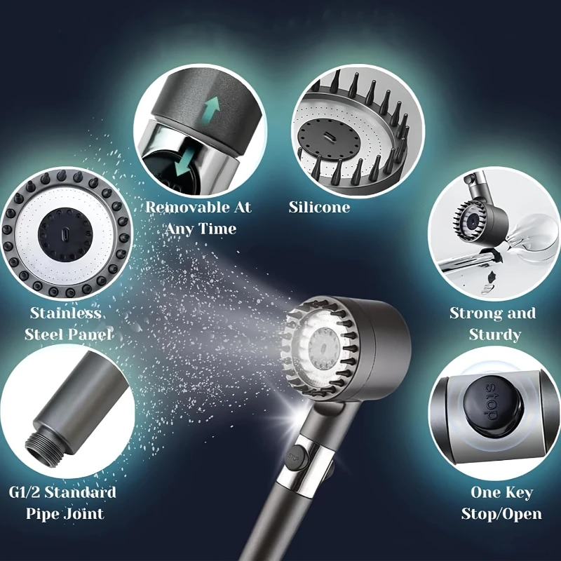 

Shower Head High Pressure Shower Head One Button Water Stop Water Saving Adjustable 4 Mode Water Massage Shower Head